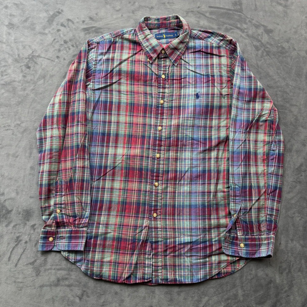 Ralph Lauren Mens Plaid Button Down Shirt Large Multicolor Cotton Long Sleeve
